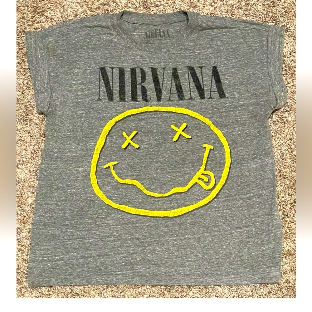 Nirvana Crooked Smile Band T Shirt Small Authentic Cobain Cuffed Sleeves Gray
